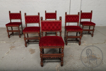 Антикварный комплект стульев (6 шт.) из дуба с мягкой обивкой в красных тонах код. BE70196