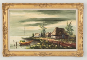 Старинный пейзаж с лодкой и домиками код. RM4164866