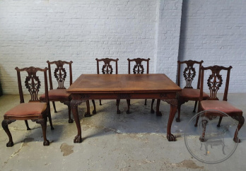 Антикварный столовый гарнитур из дуба, стол и 6 стульев, в стиле Чиппендейл код. BE107250