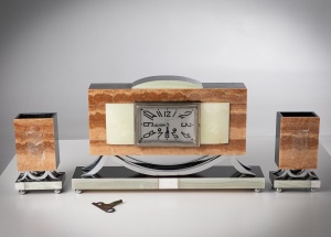 картинка Старинные часы и подсвечники (2 шт.) из оникса в стиле Арт-деко салоне старинных вещей "Шебби" являющийся официальным дистрибьютором в России и Беларуси