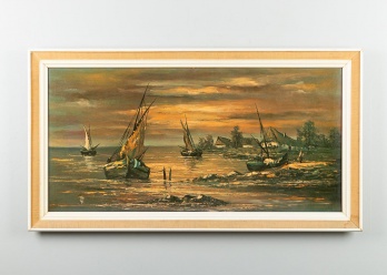 Старинная акварель с изображением реки и лодок код. RM4165086