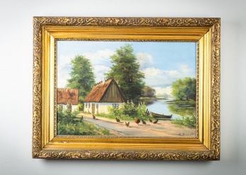 Антикварная картина с деревенским пейзажем код. RM4165066