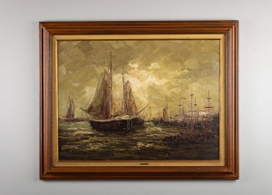 картинка Старинная бельгийская картина с парусником салоне старинных вещей "Шебби" являющийся официальным дистрибьютором в России и Беларуси