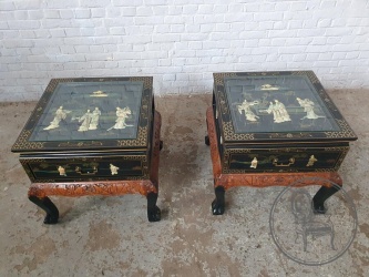 Старинные приставные столики (пара) в восточном стиле с росписью и отделкой из натурального камня код. BE4096730