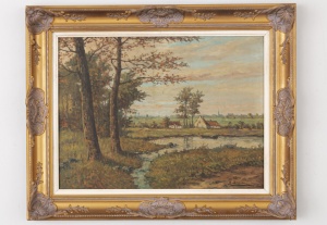 картинка Старинная бельгийская картина пейзаж с рекой салоне старинных вещей "Шебби" являющийся официальным дистрибьютором в России и Беларуси