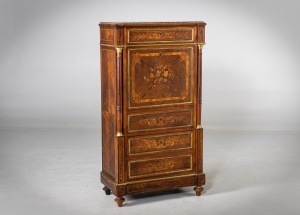 картинка Антикварный секретер с мраморной столешницей, декорированный маркетри салоне старинных вещей "Шебби" являющийся официальным дистрибьютором в России и Беларуси