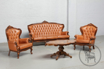 Старинный комплект для гостиной из ореха и кожи в рокайльном стиле код. BE5951