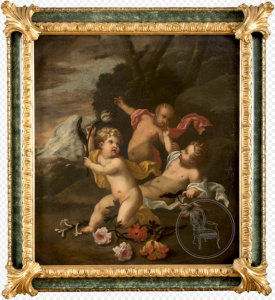 картинка Антикварная картина «Пейзаж с двумя путти, сатиром и композицией из цветов» салоне старинных вещей "Шебби" являющийся официальным дистрибьютором в России и Беларуси