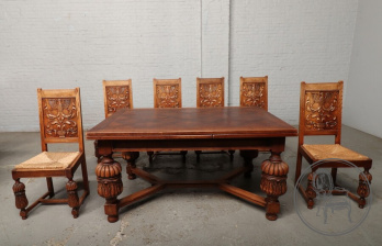 Антикварный столовый комплект из дуба, стол и 6 стульев в стиле Тюдор код. BE107253