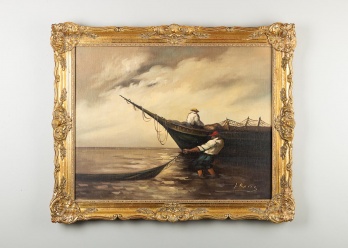 Старинная картина с изображением мужчин, занятых вытягиванием рыболовных сетей код. RM4165049