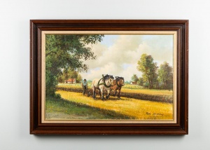 картинка Старинная картина с изображением крестьянина и двух рабочих лошадей салоне старинных вещей "Шебби" являющийся официальным дистрибьютором в России и Беларуси