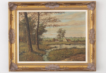 Старинная бельгийская картина пейзаж с рекой код. RM4164932