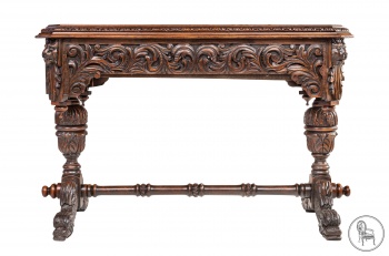 Антикварный дубовый стол с вензельной резьбой и барельефами в виде звериных голов код. VS73234