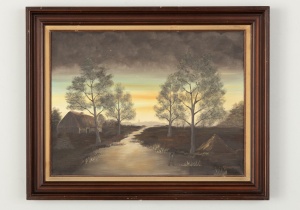 картинка Старинная картина пейзаж с рекой и домиками салоне старинных вещей "Шебби" являющийся официальным дистрибьютором в России и Беларуси