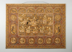 картинка Антикварное панно в ориентальном стиле с вышивкой с использованием стекла и металла салоне старинных вещей "Шебби" являющийся официальным дистрибьютором в России и Беларуси