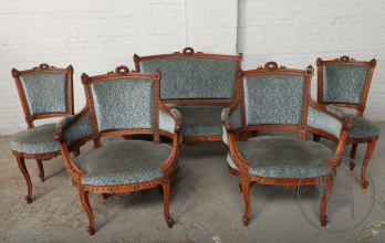 Антикварный комплект мягкой мебели из ореха с обивкой в серо-голубых тонах код. BE107092