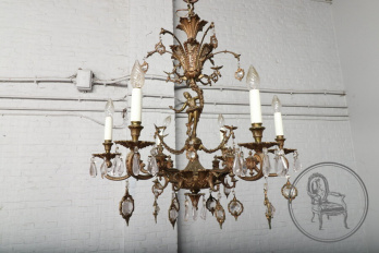 Старинная люстра из бронзы с фигуркой балерины и хрустальными подвесками код. BE80947