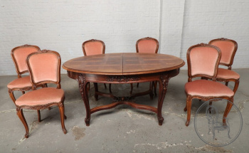 Антикварный столовый гарнитур в рокайльном стиле (овальный стол и 6 стульев) код. BE107258