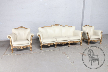 Старинный комплект для гостиной из ореха с белой кожей код. BE35625